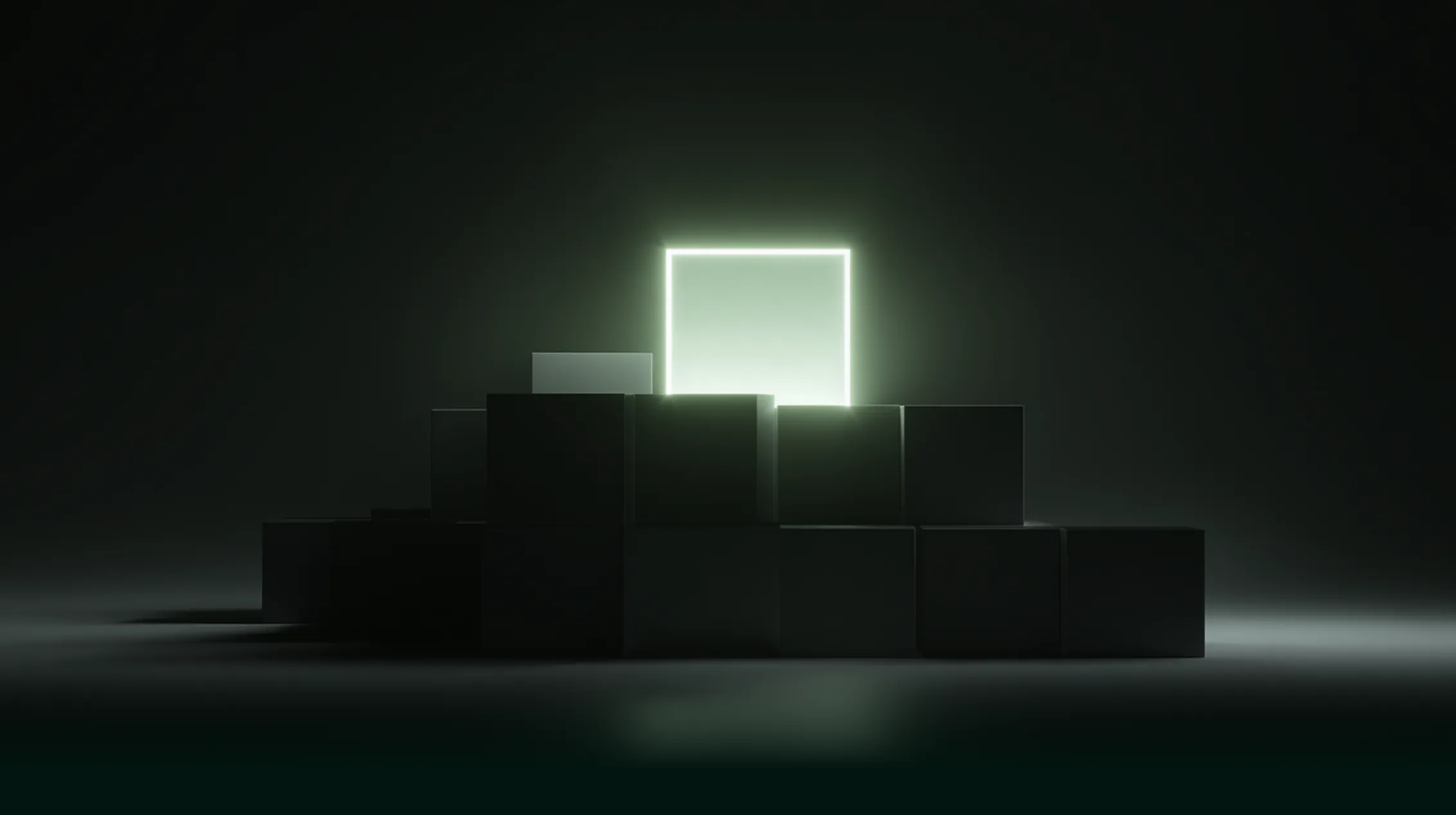 Glowing square light above stacked dark cubes in a dimly lit space.