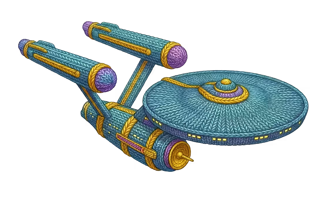 Starship model crafted entirely from knitted yarn in blue, purple, and gold colors.