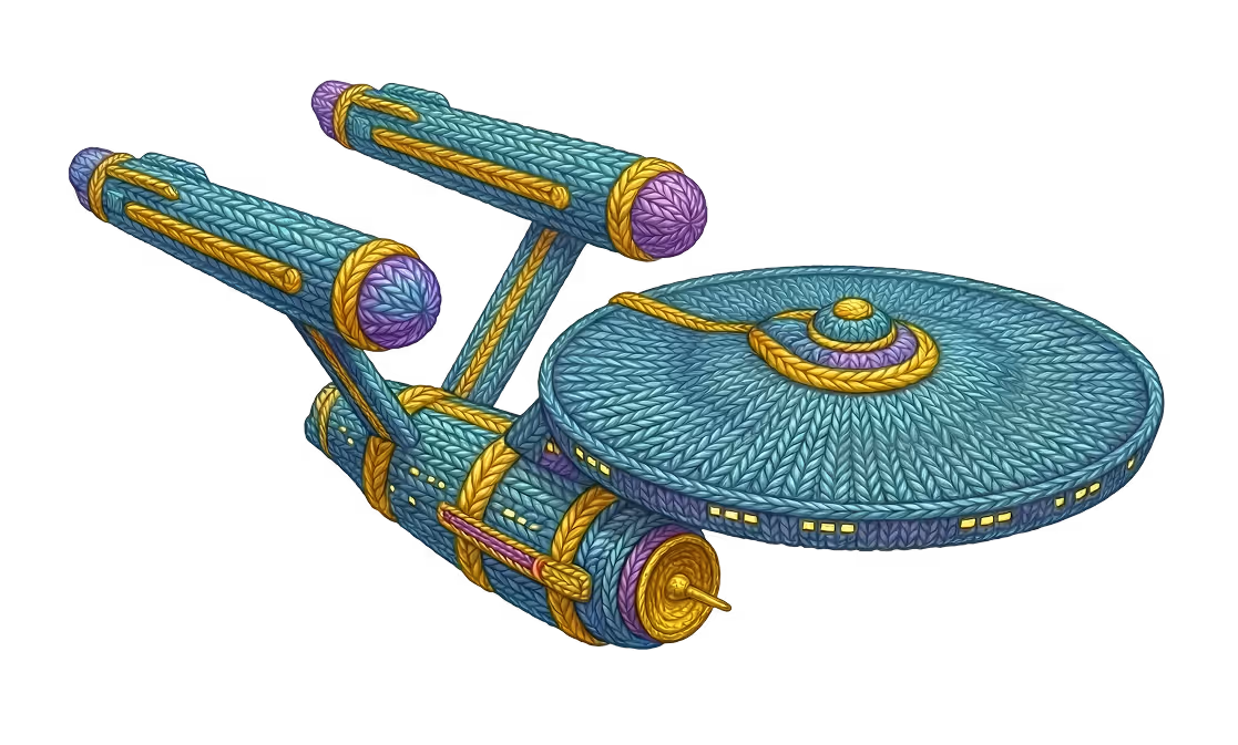 Starship model designed with a knitted texture in teal, purple, and gold colors.