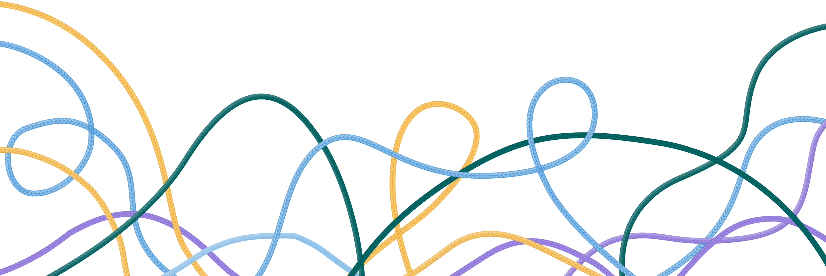 Colorful intertwined ropes in blue, green, purple, and yellow on a black background.