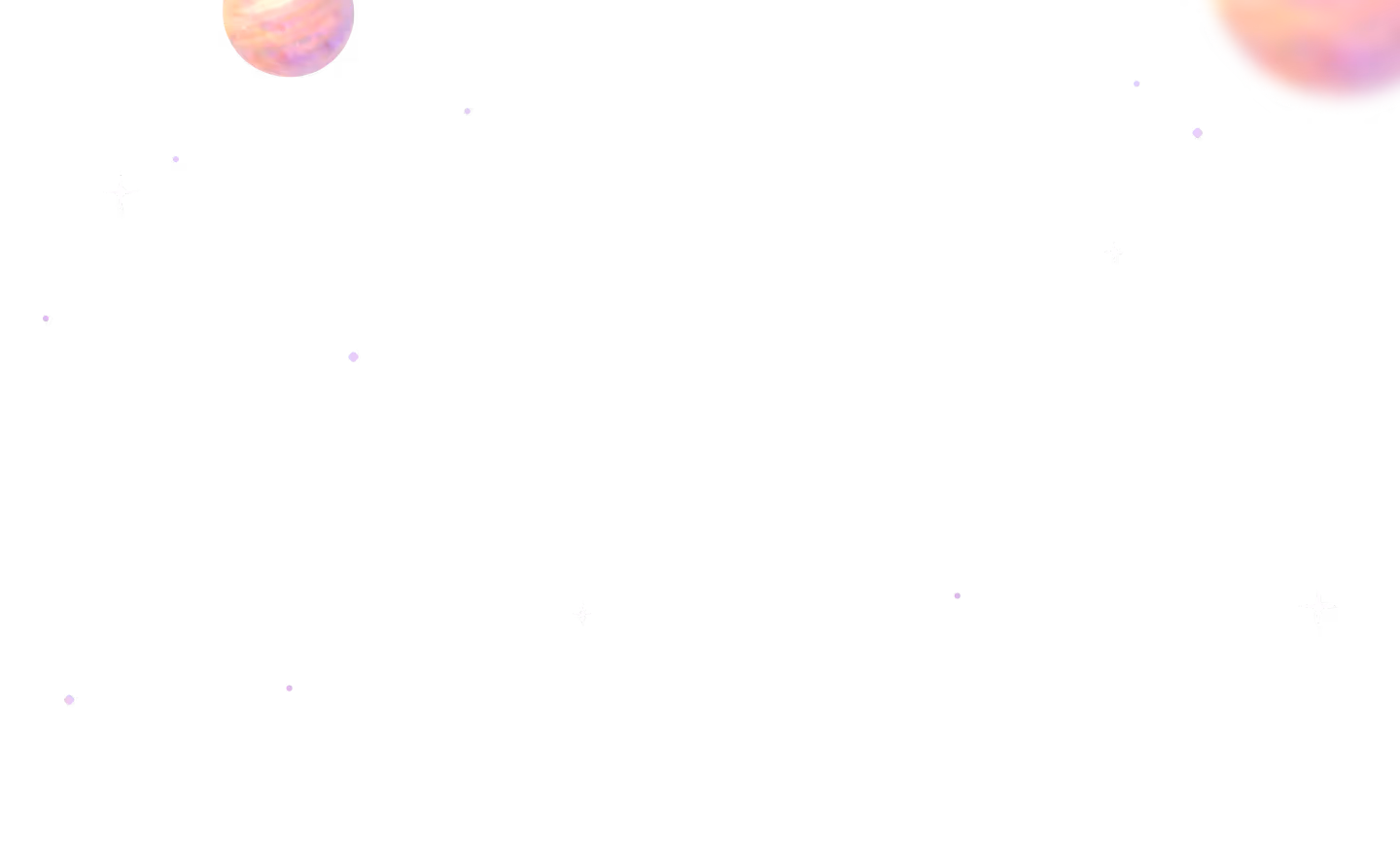 Black space background with purple-pink planets and small white stars scattered around.