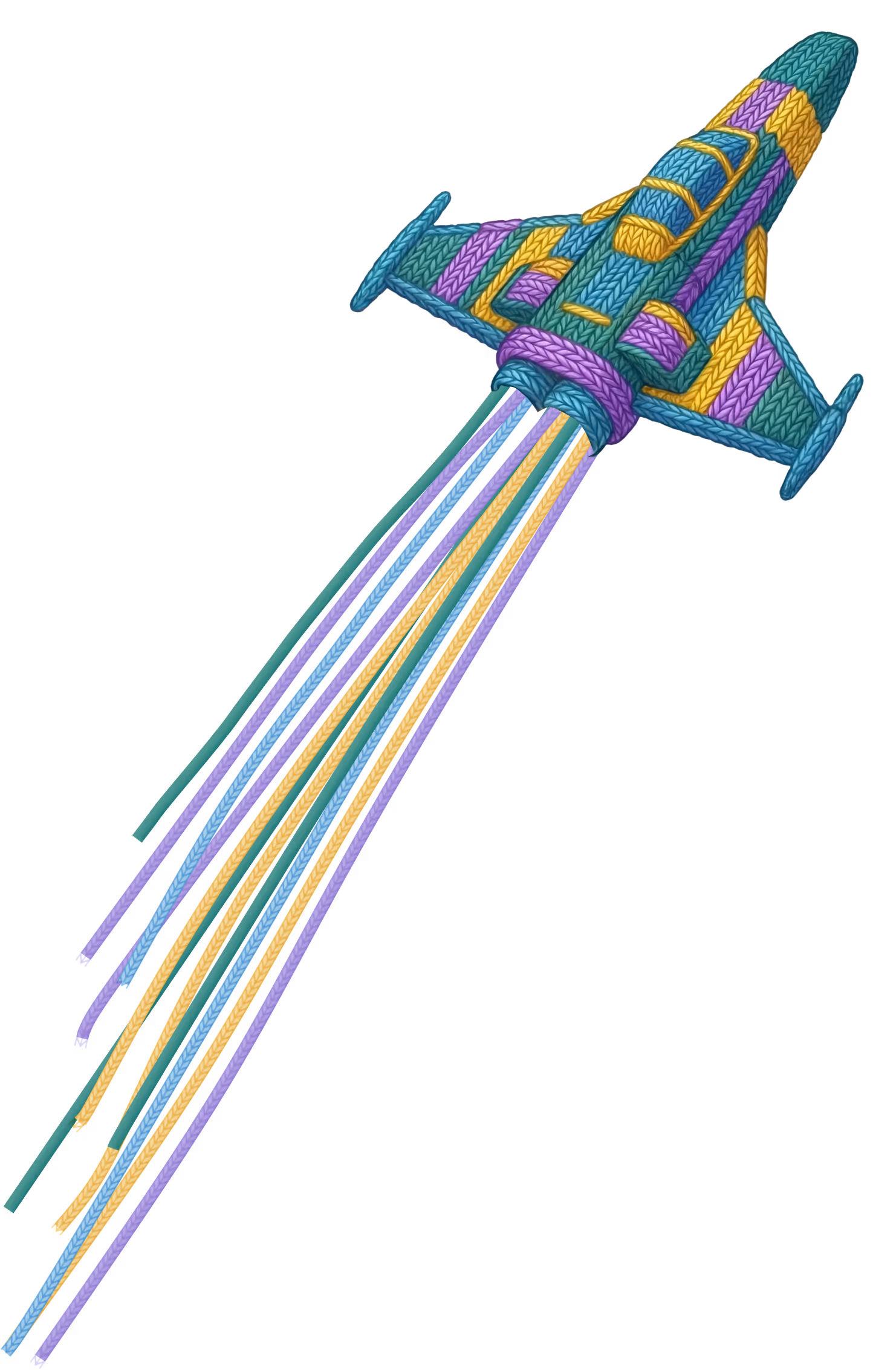 Colorful knitted spaceship with trailing stripes against a black background.