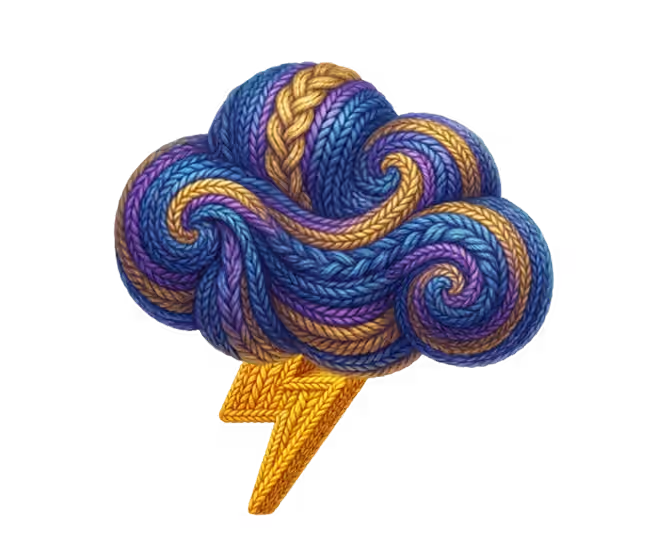 Planet with rings made of intertwined yarn in shades of blue, purple, and yellow.