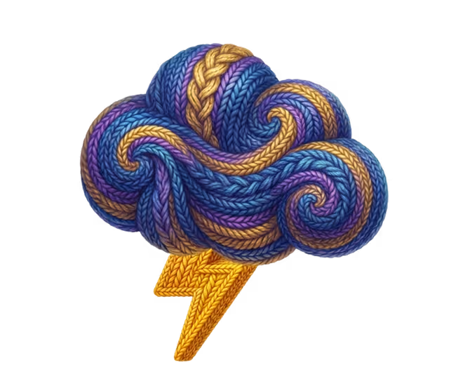 Planet with rings made of intertwined yarn in shades of blue, purple, and yellow.