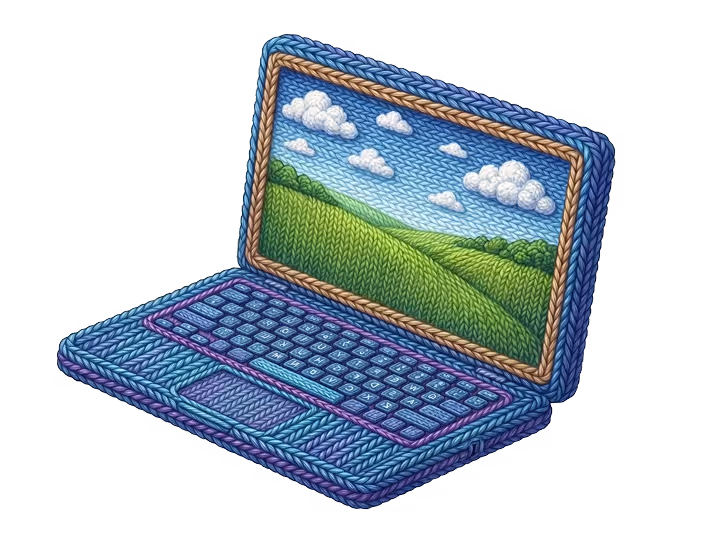 Planet with rings made of intertwined yarn in shades of blue, purple, and yellow.