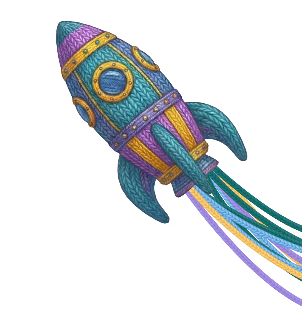 Colorful knitted rocket ship with portholes and trailing yarn streams.