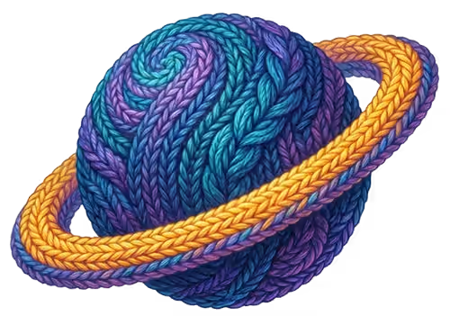 Illustration of a planet resembling Saturn with textured yarn-like swirling patterns in blue and purple and a yellow knitted ring around it.