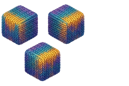 Three colorful knitted yarn cubes with gradient shades of blue, purple, yellow, and orange on a white background.