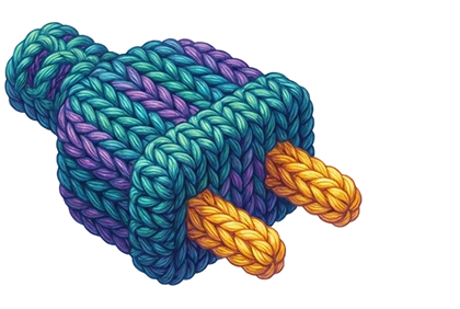Knitted electrical plug with blue and purple yarn body and yellow yarn prongs.