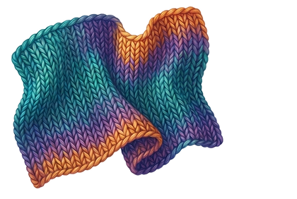Colorful knitted fabric with gradient shades of orange, purple, blue, and green.