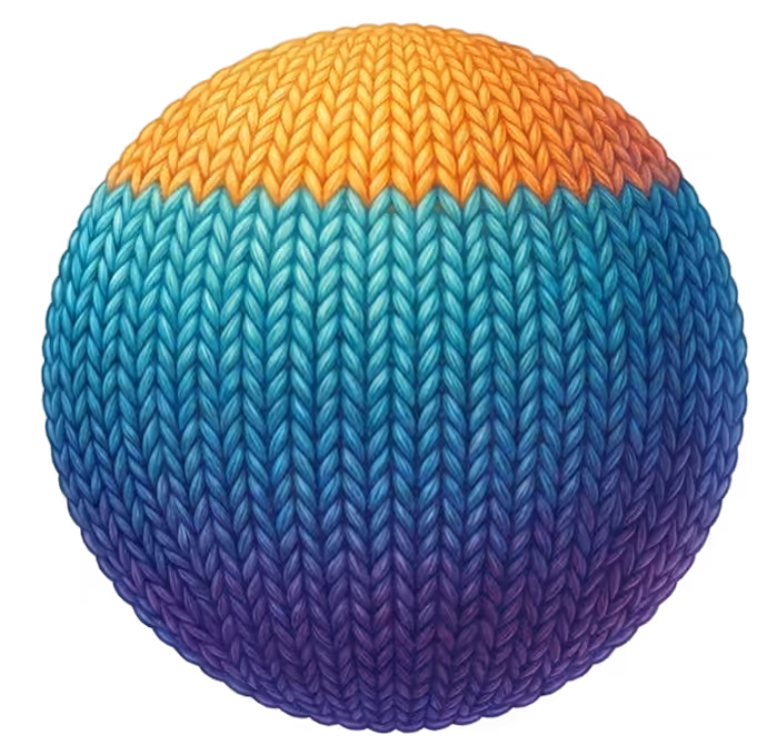 Spherical object covered in a knitted texture with gradient colors transitioning from yellow and orange at the top to blue and purple at the bottom.