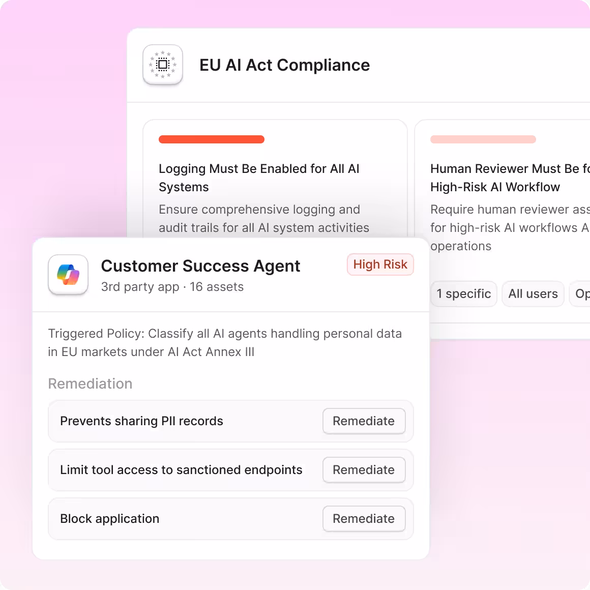 UI screen showing EU AI Act Compliance with a high-risk Customer Success Agent 3rd party app listing remediation options: prevent sharing PII records, limit tool access, and block application.