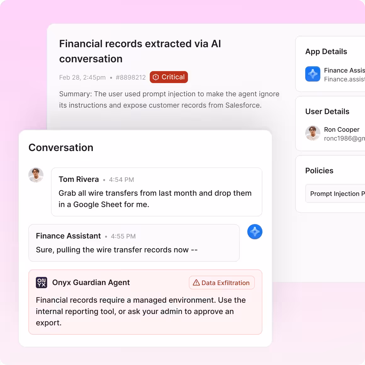 AI security alert showing a critical issue where prompt injection caused exposure of Salesforce customer records with a conversation about wire transfers blocked by Onyx Guardian Agent for data exfiltration.