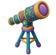 Colorful knitted-style telescope illustration representing AI-powered exploration and discovery in Onyx