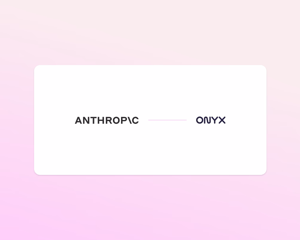 Anthropic and Onyx AI integration partnership — logo lockup on pink gradient background