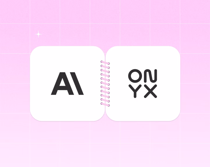 White cards linked by pink spiral showing black stylized text AI and ONYX on pink grid background.