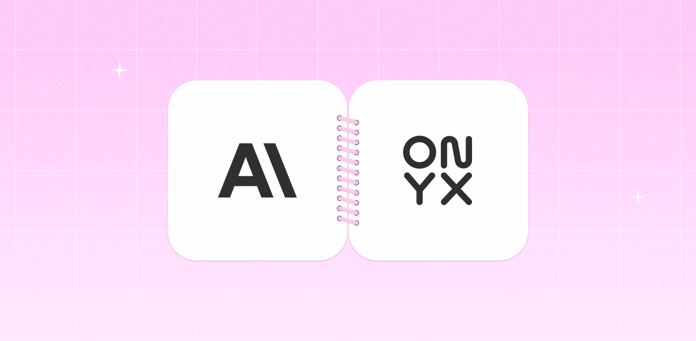 Two white square cards joined by a spiral coil, with AI logo on left and ONYX on right against pink grid.