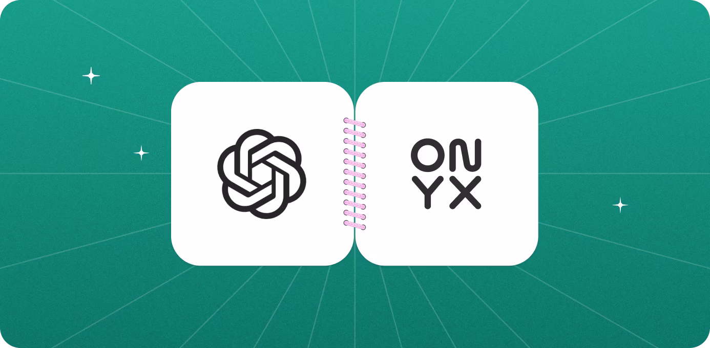 White cards linked by pink spiral showing black stylized text AI and ONYX on green grid background.