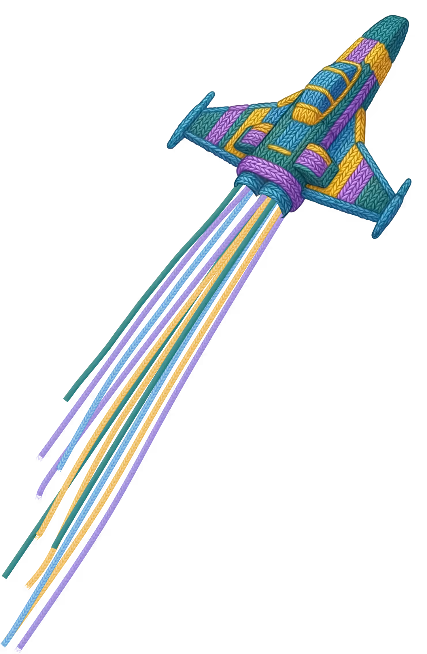 Colorful knitted spaceship with trails of yarn in shades of green, yellow, blue, and purple on black background.