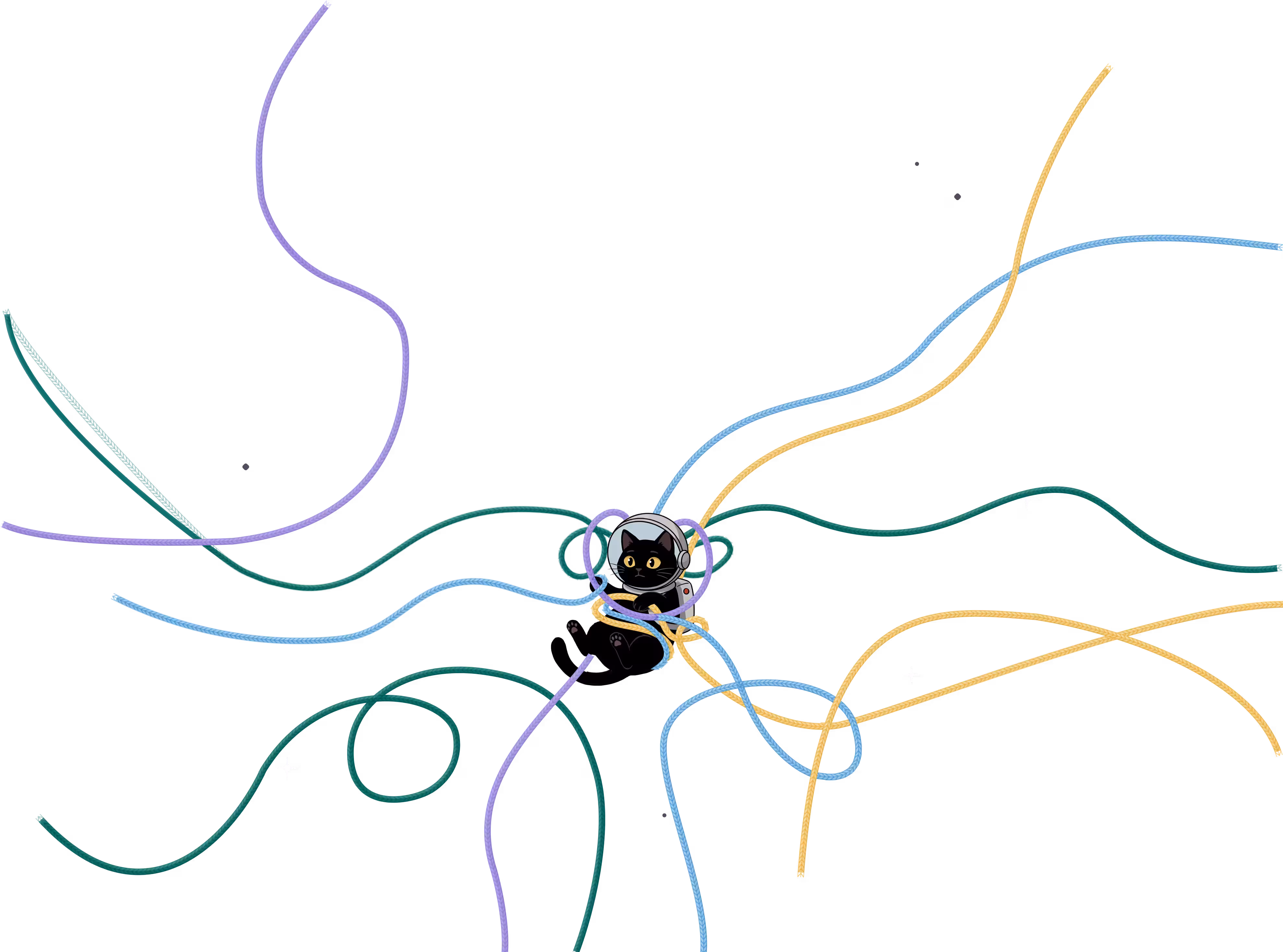 Black cat wearing an astronaut helmet tangled in colorful cables against a black background.