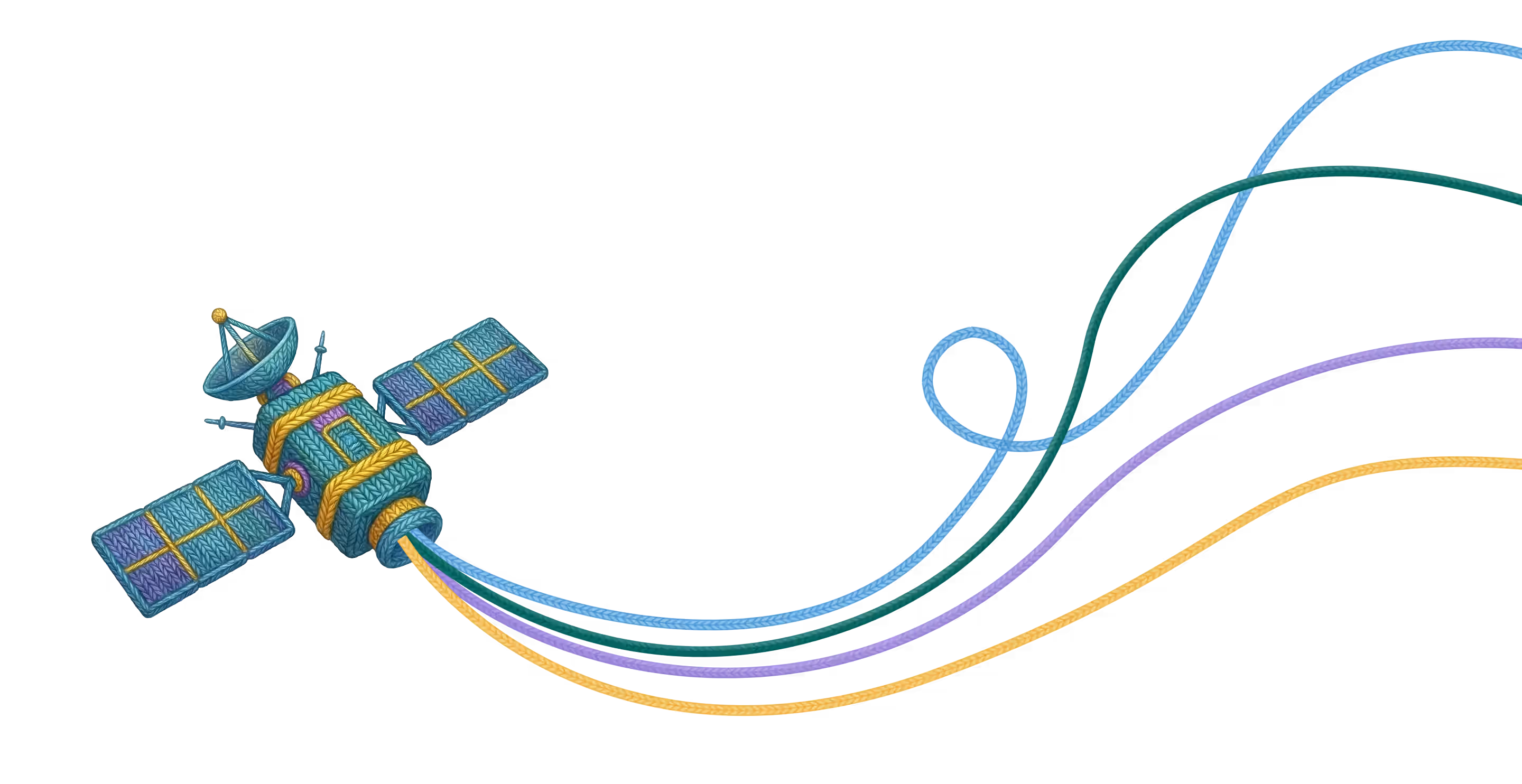 Illustration of a satellite with knitted texture and colorful thread trails in blue, green, purple, and yellow.