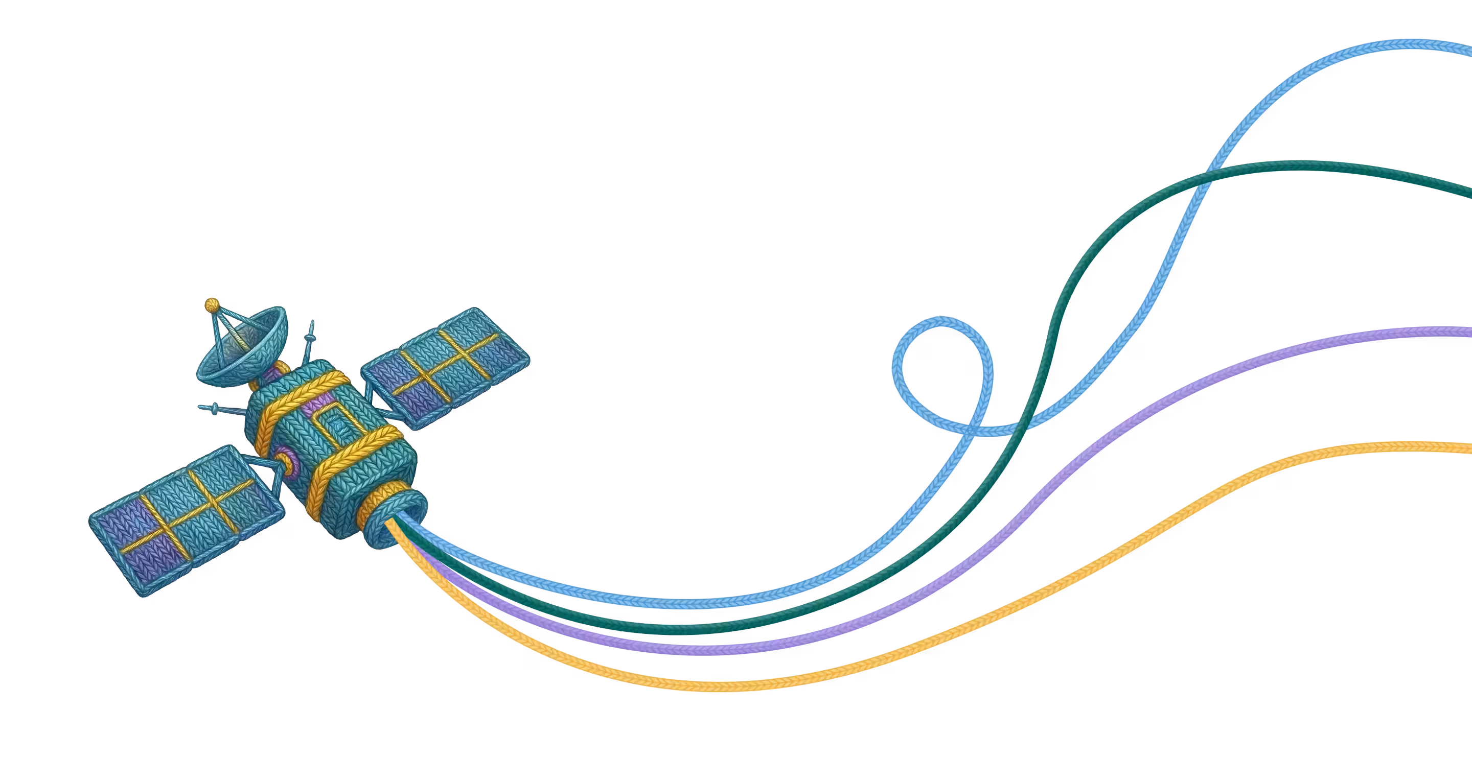 Illustration of a satellite with knitted texture and colorful thread trails in blue, green, purple, and yellow.