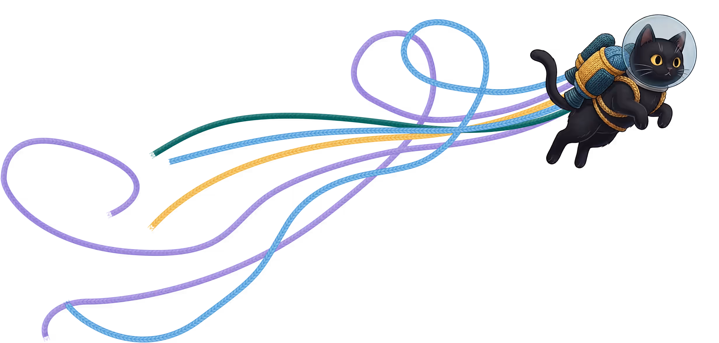Black cat wearing a space helmet and jetpack flying with colorful trails behind it.