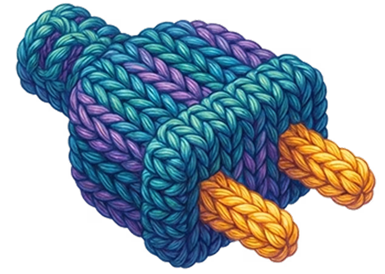 Illustration of a planet resembling Saturn with textured yarn-like swirling patterns in blue and purple and a yellow knitted ring around it.