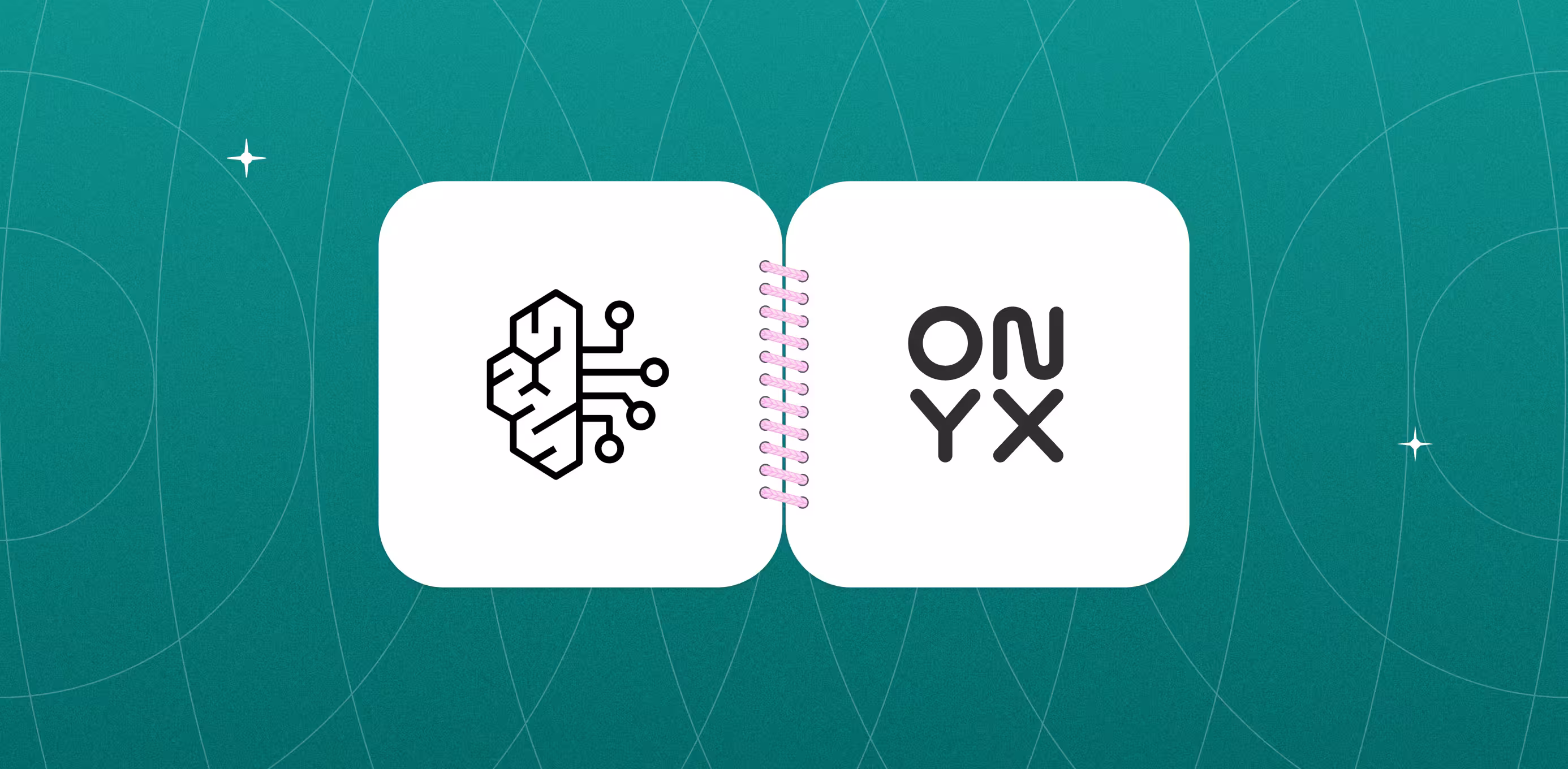 White cards linked by pink spiral showing black stylized text AI and ONYX on green grid background.