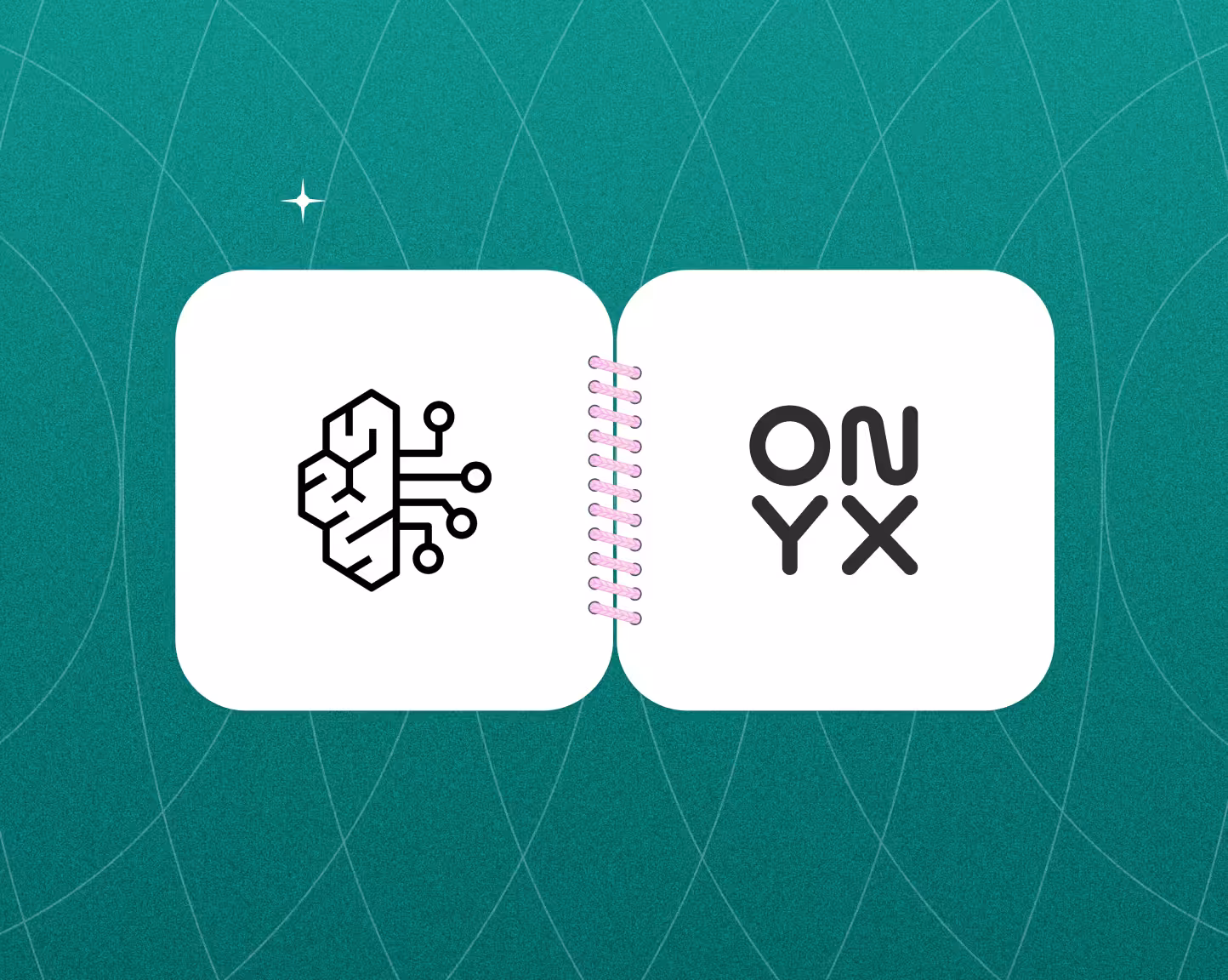 White cards linked by pink spiral showing black stylized text AI and ONYX on green grid background.