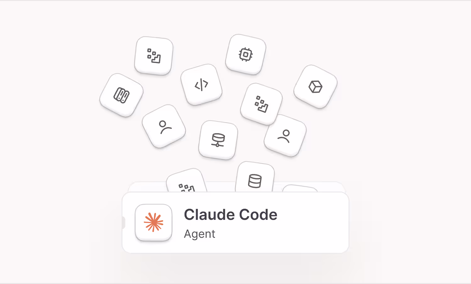 Floating icons representing code, users, and databases above a label saying Claude Code Agent.