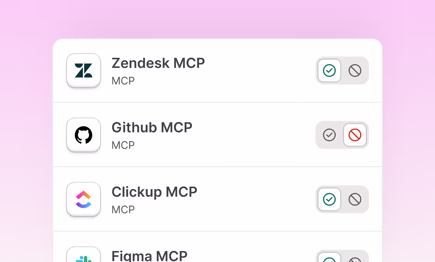 Interface showing toggle switches for Zendesk, Github, Clickup, and Figma MCP integrations, some enabled.
