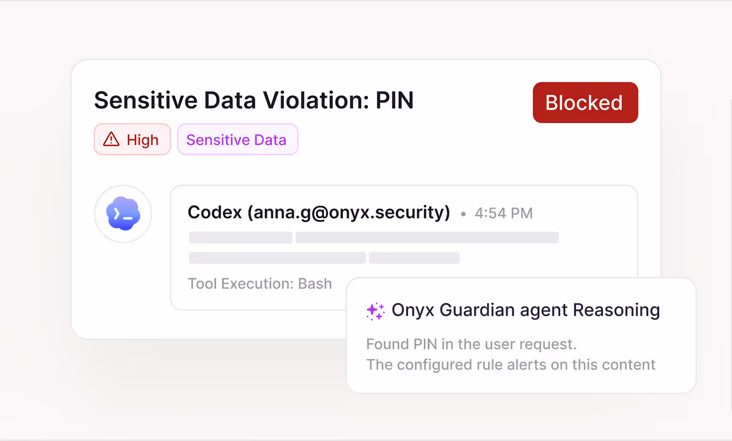 Alert for sensitive data violation showing a blocked PIN detected by Onyx Guardian agent.