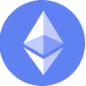 Ethereum cryptocurrency symbol in white on a blue circular background.