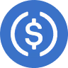Blue circle with white dollar sign enclosed in parentheses, representing USDC cryptocurrency logo.