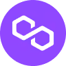 White Polygon cryptocurrency logo on a purple circular background.