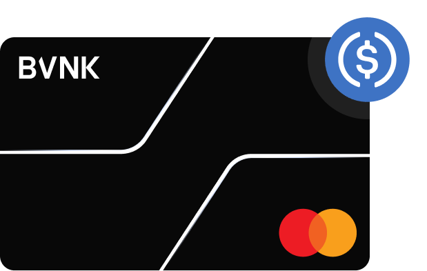 Black BVNK Mastercard with white lines and a USDC coin icon in the top right corner.