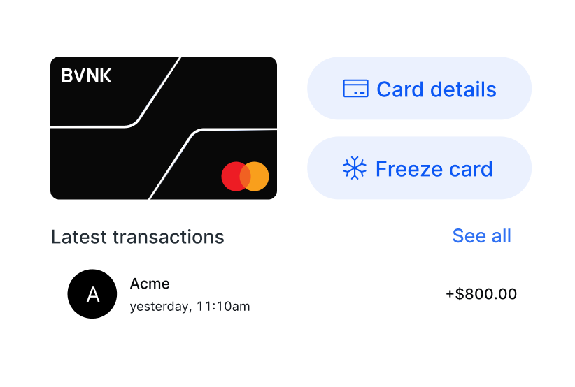 Black BVNK Mastercard with buttons for card details and freeze card, and recent transaction from Acme for $800.