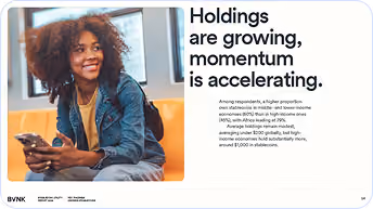 Smiling young woman holding a phone, sitting indoors next to text about growing holdings and accelerating momentum.