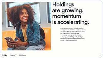 Smiling young woman holding a phone, sitting indoors next to text about growing holdings and accelerating momentum.