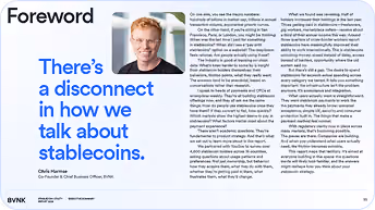 Foreword titled 'There’s a disconnect in how we talk about stablecoins' by Chvrch, co-founder of Bvnk.