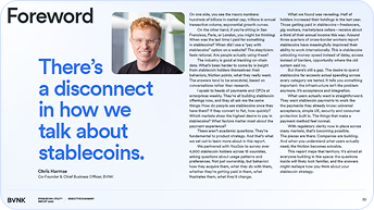 Foreword titled 'There’s a disconnect in how we talk about stablecoins' by Chvrch, co-founder of Bvnk.