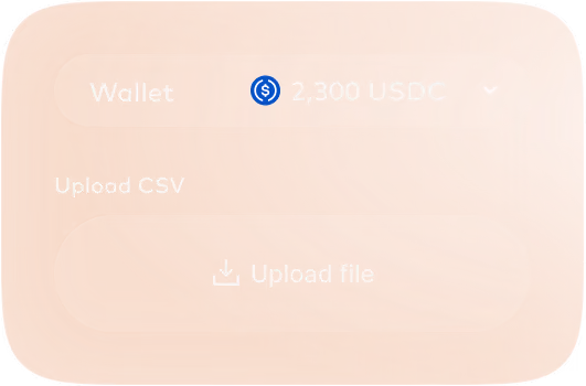 Mass payouts screen showing a 2,300 USDC wallet balance and a CSV file upload for bulk payments.