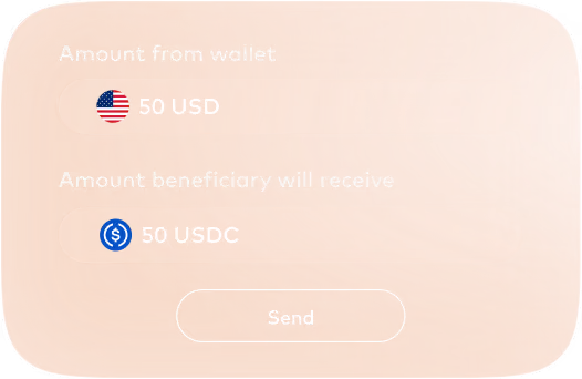 Fiat-to-stablecoin payout form: sending 50 USD from a wallet so the beneficiary receives 50 USDC.