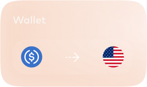 Wallet UI card showing USDC converting to US dollars.