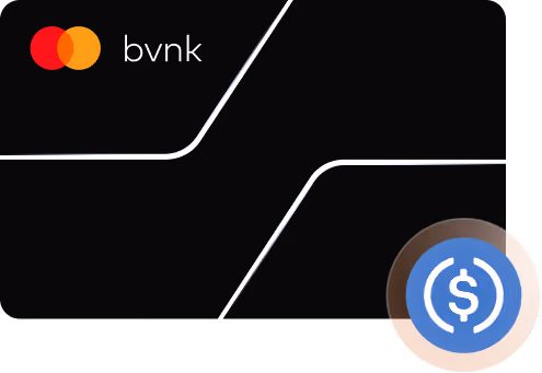 Mastercard BVNK branded card with a USDC coin, representing embedded stablecoin wallets.