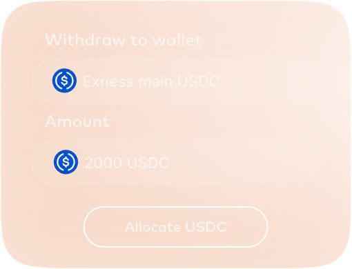 Withdraw to wallet form allocating 2000 USDC from an Exness main USDC wallet.