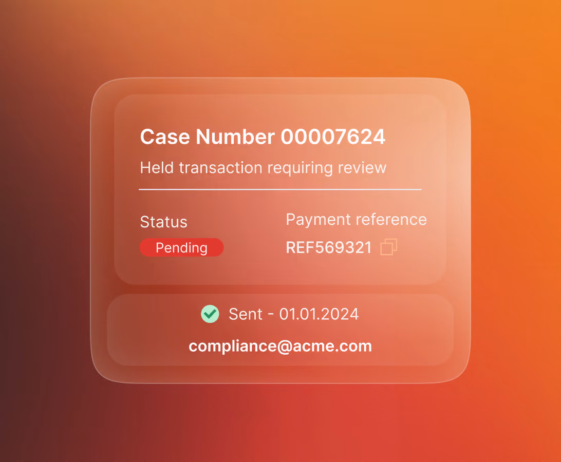 Compliance case card for a held transaction requiring review, with pending status and payment reference.