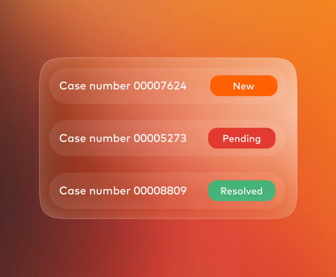 Compliance case list showing case numbers with New, Pending and Resolved status labels.