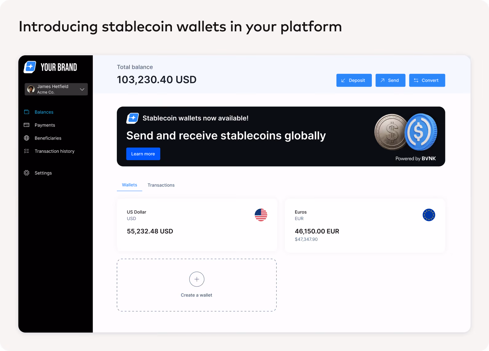 Example white-label dashboard introducing stablecoin wallets, with USD and EUR balances and a Powered by BVNK banner.